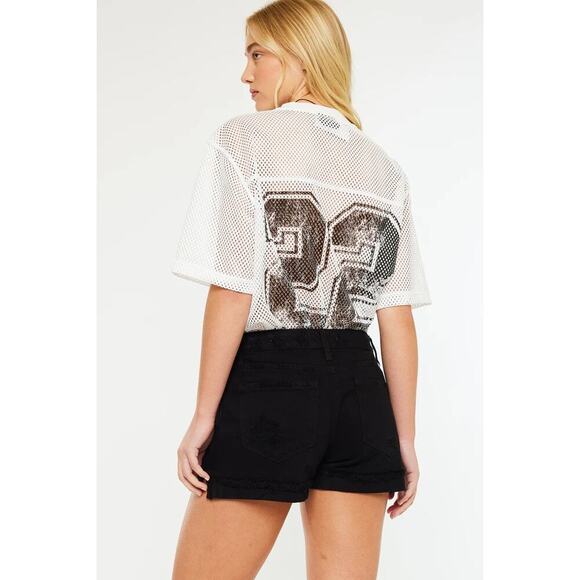 KanCan Tanner Mid Rise Shorts Denim Size Medium Distressed Black Cuffed Hem - Picture 3 of 11